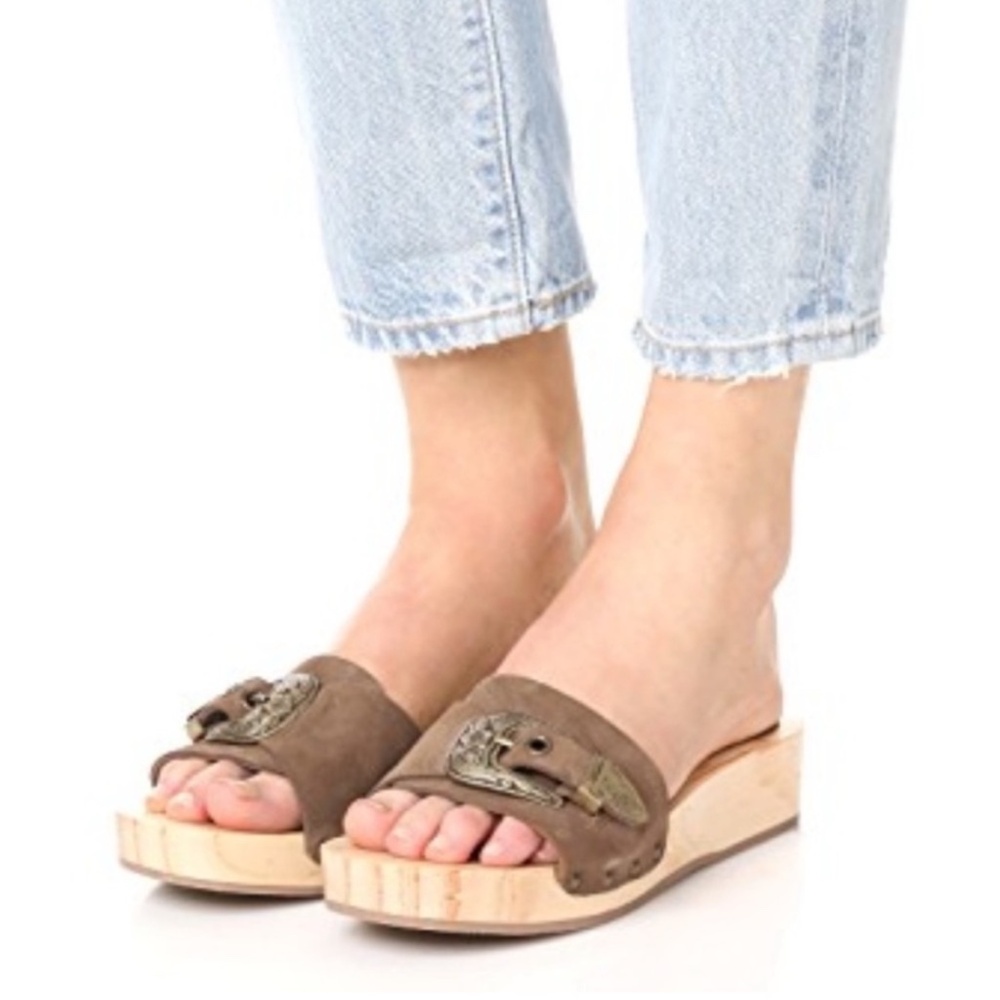 Free People Brown Suede Clog Sandals with Buckle Detail